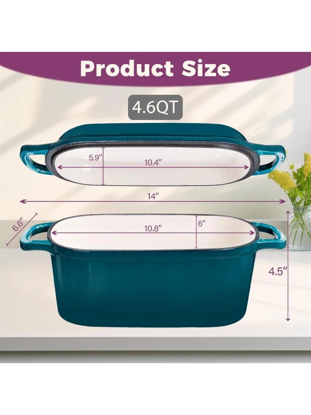 4.6-Quart Teal Oval Dutch Oven for Bread Baking 2 in 1 Enameled Cast Iron Pan